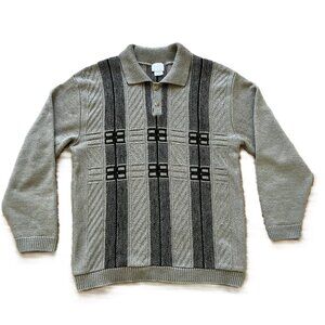 Outline Pullover Polo Sweater Textured Knit Grey/Beige Vintage 90s